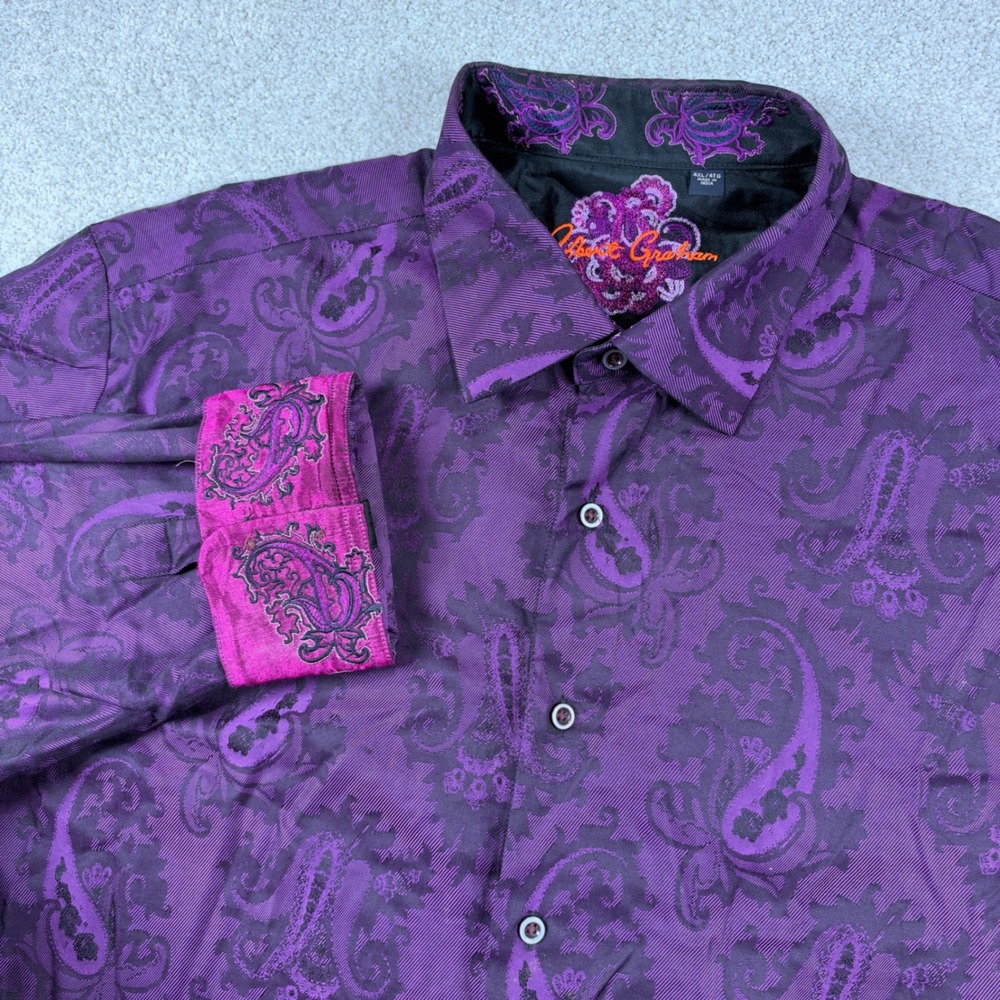 Robert Graham Button Down Shirt Mens 4XL Purple Paisley Jacquard Silk Trim Cuffs